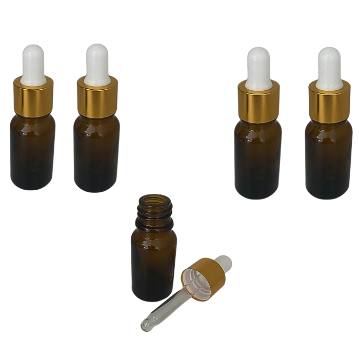 Sticla ambra cu pipeta si capac alb-auriu 10ml - set 5 buc [5]