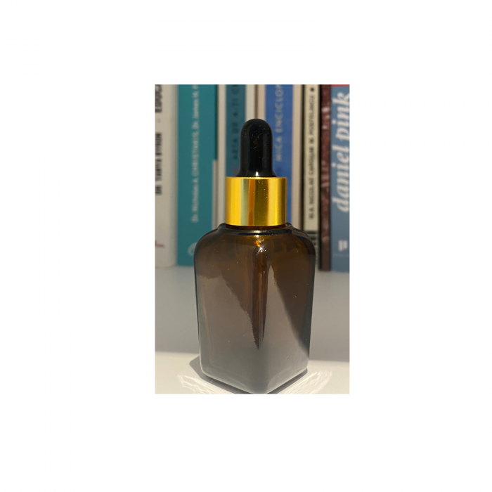 Sticla patrata ambra cu pipeta si capac auriu 25ml - set 2 buc [5]