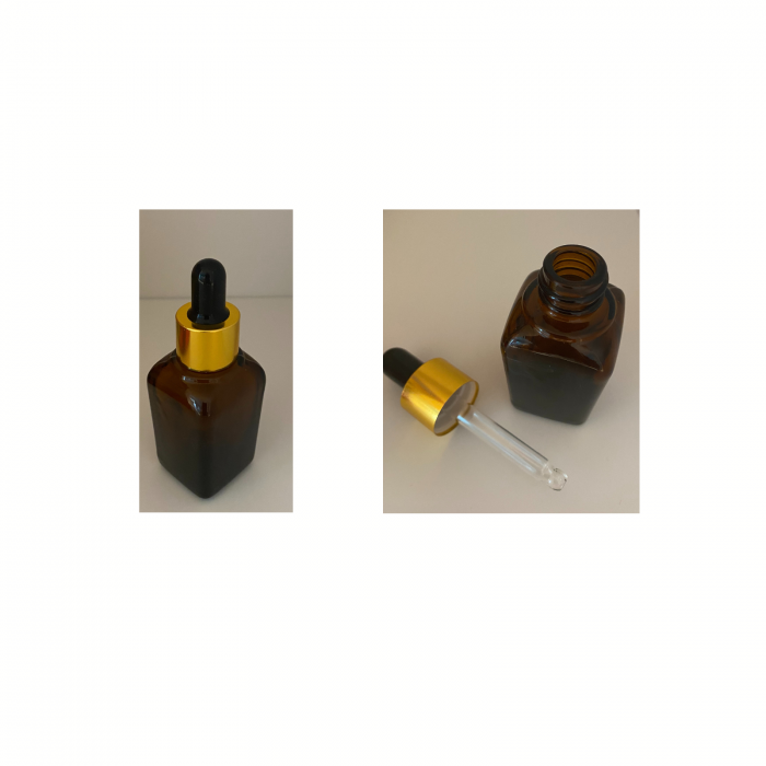 Sticla patrata ambra cu pipeta si capac auriu 25ml - set 2 buc [6]