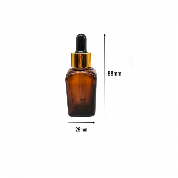 Sticla patrata ambra cu pipeta si capac auriu 25ml - set 2 buc [3]
