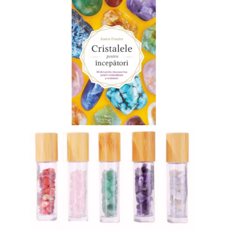 Sticlute rollon si creioane aromaterapie - Pachet: Cartea Cristalele pentru incepatori si 5 recipiente  rollon cu pietre semipretioase