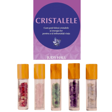 Sticlute rollon si creioane aromaterapie - Pachet: Carte despre cristale si 5 recipiente  rollon cu pietre semipretioase