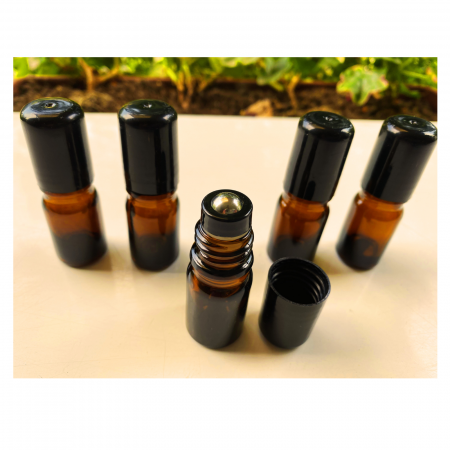 Sticlute rollon si creioane aromaterapie - Recipient rollon ambra 5ml, cu capac negru  - set 5 buc