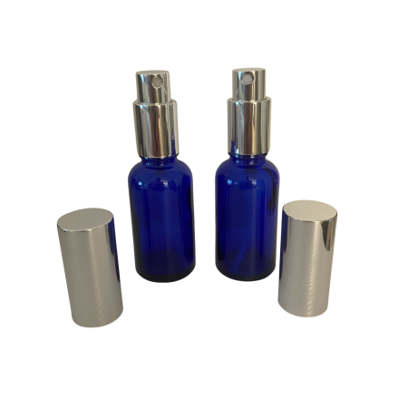Sticlute pentru parfum - Recipient sticla albastra 30ml. cu capac spray  argintiu  - set 2 buc