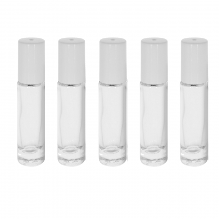 Sticlute pentru parfum - Rollon transparent 10ml, cu capac alb - set 5 buc