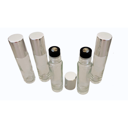 Sticlute pentru parfum - Rollon transparent 10ml, cu capac argintiu - set 5 buc