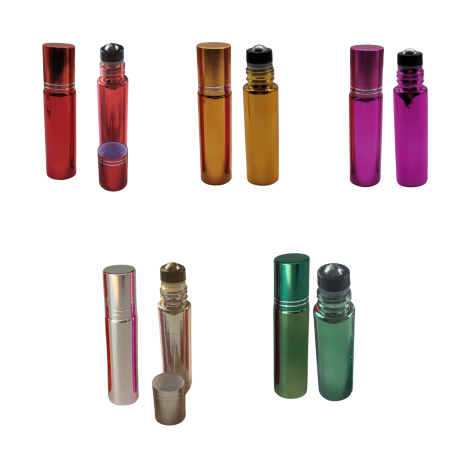 Sticlute rollon si creioane aromaterapie - Set 10 sticlute cu rollon de 10ml, culori metalice