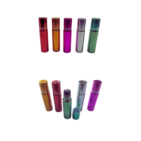 Sticlute rollon si creioane aromaterapie - Set 10 recipiente rollon sticla colorata metalica, 10ml