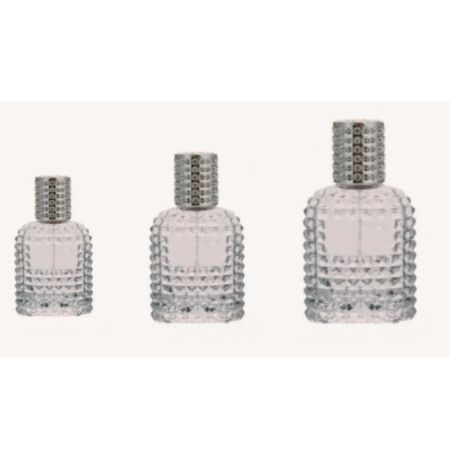 Sticlute cu pulverizator spray - Set 3 recipiente pentru parfum, 30ml, 50ml, 100ml, Dots cu capac argintiu