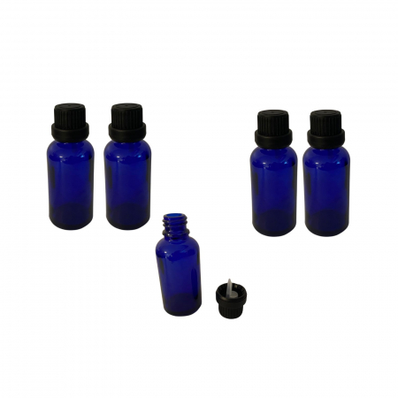 Sticlute cu picurator si sticlute cu pensula - Sticla albastra cu capac tip 2 picurator sigilabil negru 30ml - set 5 buc