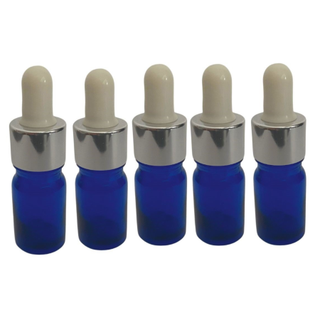 Sticla albastra cu pipeta si capac alb-argintiu 10ml - set 5 buc