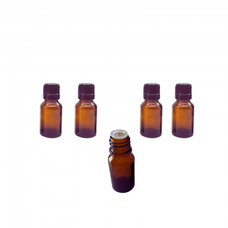 Sticlute cu picurator si sticlute cu pensula - Sticla ambra cu capac picurator sigilabil negru 15ml - set 5 buc
