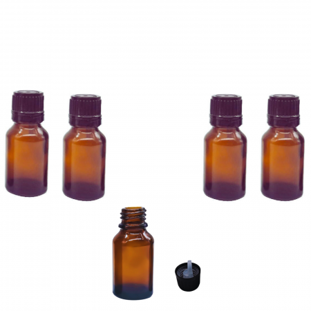 Sticlute cu picurator si sticlute cu pensula - Sticla ambra cu capac picurator sigilabil negru 20ml - set 5 buc