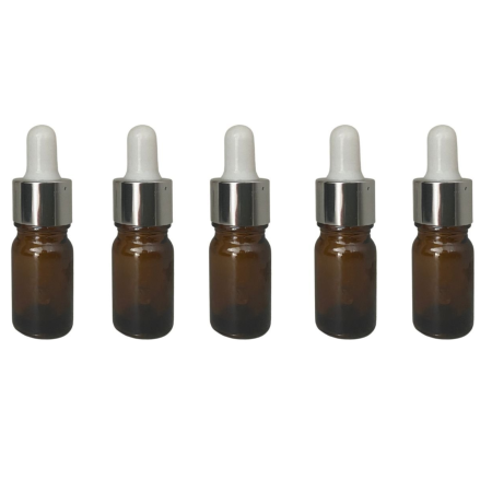 Borcane pentru creme si sticlute pentru lotiuni - Sticla ambra cu pipeta si capac alb-argintiu 5ml - set 5 buc