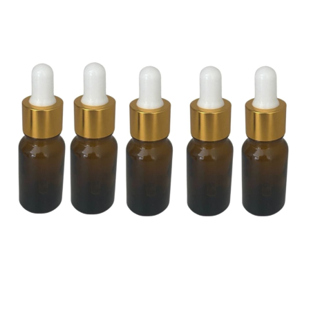 Borcane pentru creme si sticlute pentru lotiuni - Sticla ambra cu pipeta si capac alb-auriu 10ml - set 5 buc
