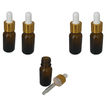 Borcane pentru creme si sticlute pentru lotiuni - Sticla ambra cu pipeta si capac alb-auriu 5ml - set 5 buc