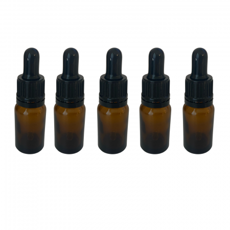 Borcane pentru creme si sticlute pentru lotiuni - Sticla ambra cu pipeta si capac negru sigilabil 10ml  - set 5 buc