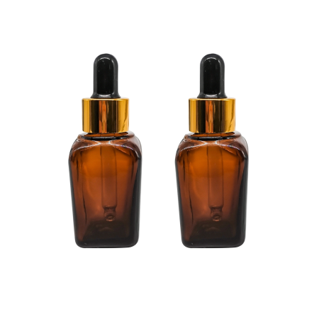 Sticlute cu pipeta - Sticla patrata ambra cu pipeta si capac auriu 25ml - set 2 buc