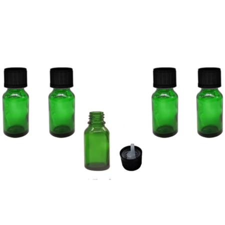 Sticlute cu picurator si sticlute cu pensula - Sticla verde cu capac picurator childproof negru 15ml  - set 5 buc