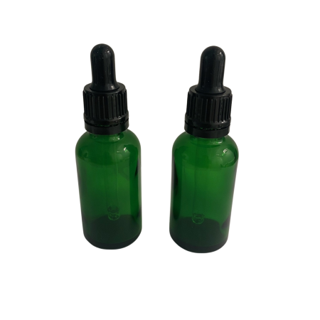Borcane pentru creme si sticlute pentru lotiuni - Sticla verde cu pipeta si capac negru sigilabil 30ml - set 2 buc