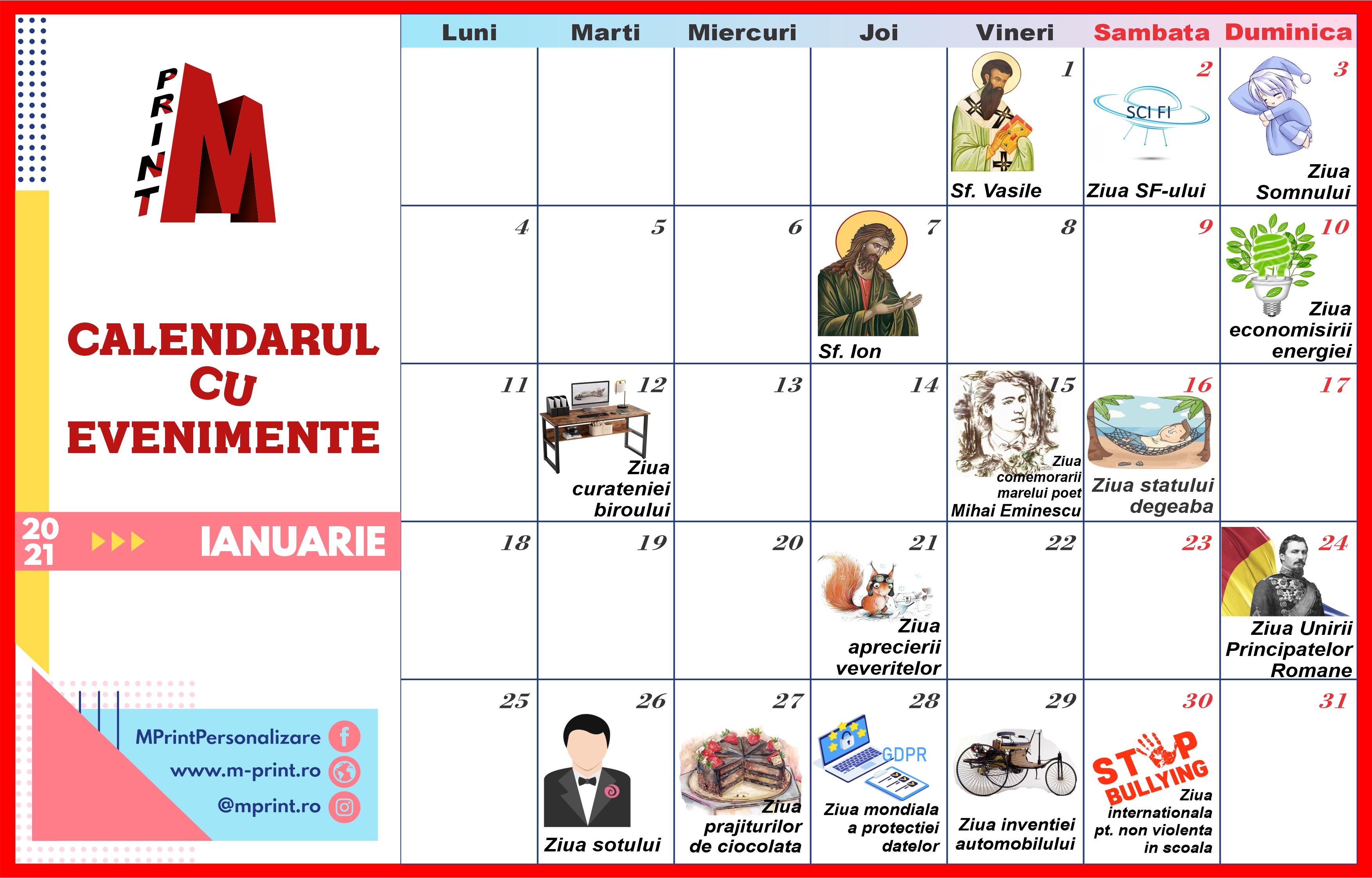 Calendarul cu evenimente ianuarie 2021