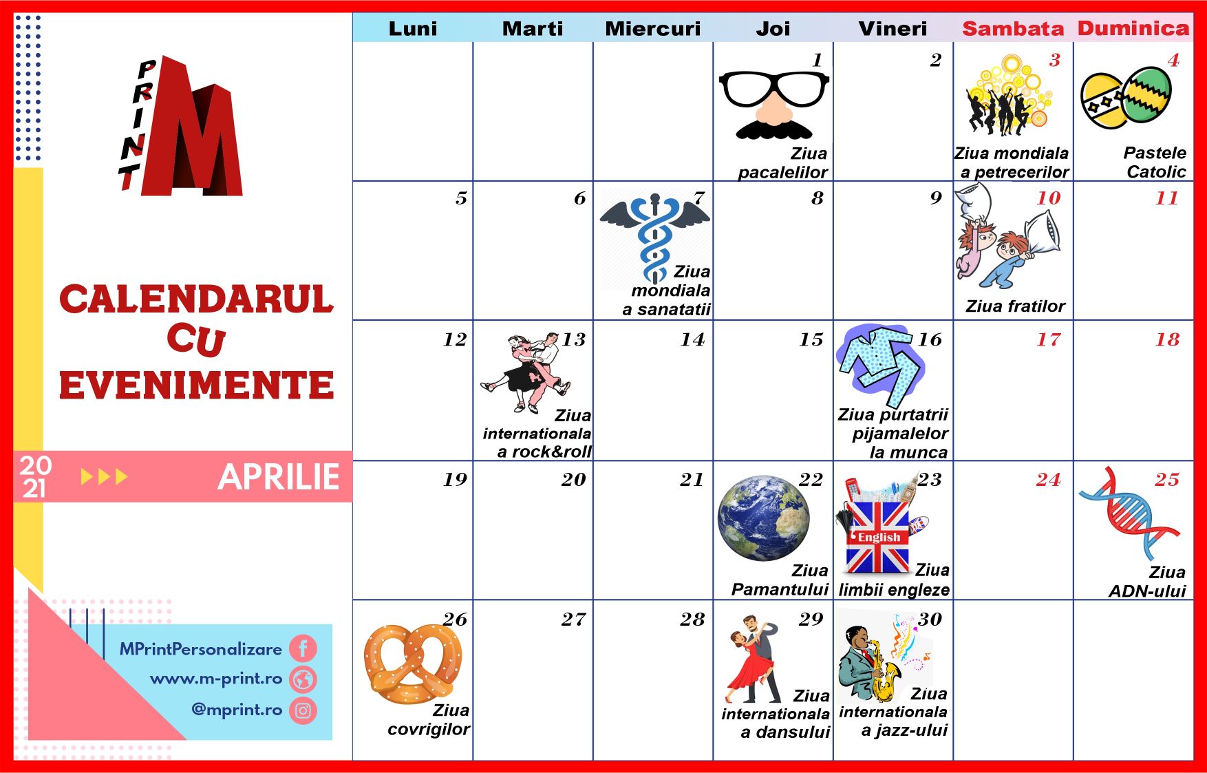 Calendarul cu evenimente al lunii Aprilie 2021
