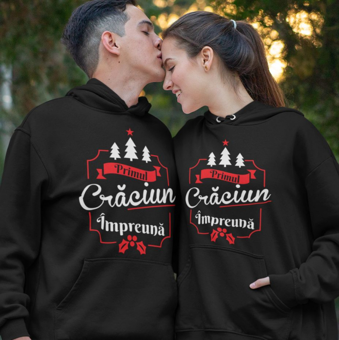 Set 2 Hanorace Cuplu Personalizate - Primul Craciun Impreuna Brad [2]