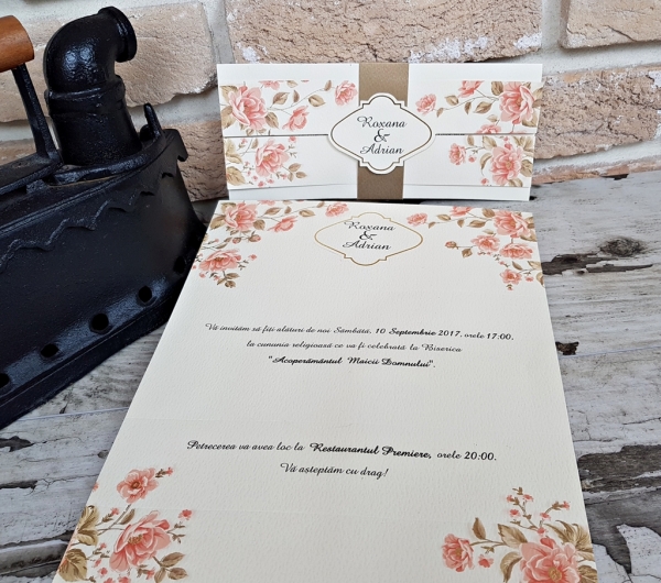 Invitatie de botez crem / bej cu flori roz si inel de hartie - cod 2706 [2]