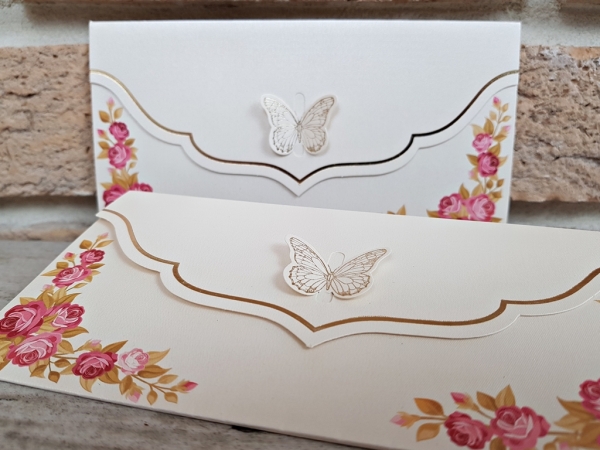 Invitatie de botez eleganta crem / bej de tip plic cu flori si fluturi - cod 2720 [3]