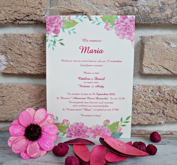 Invitatie de botez delicata crem / bej cu flori roz si model de dantela - cod 5538 [2]