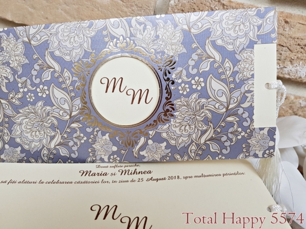 Invitatie de botez vintage albastra cu frunze si flori - cod 5574 [2]