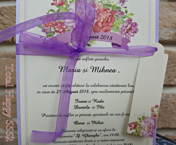 Invitatie de botez delicata multicolora cu flori si funda - cod 5552 [2]