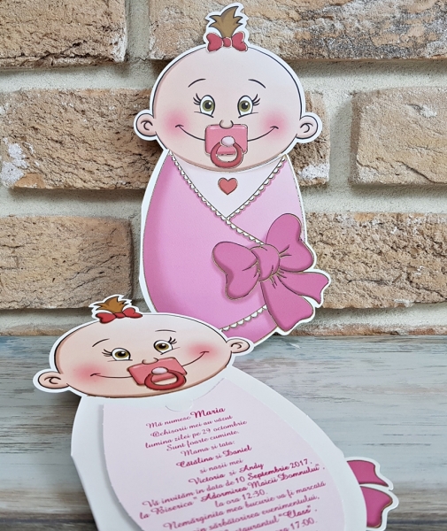 Invitatie de botez amuzanta roz cu bebe - cod 8023 [3]