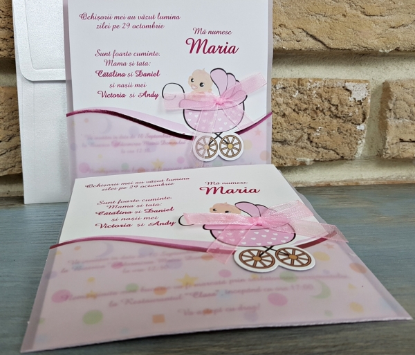 Invitatie de botez amuzanta bebe carucior roz - cod 8021 [2]