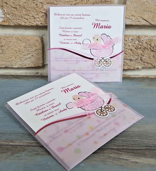 Invitatie de botez amuzanta bebe carucior roz - cod 8021 [3]