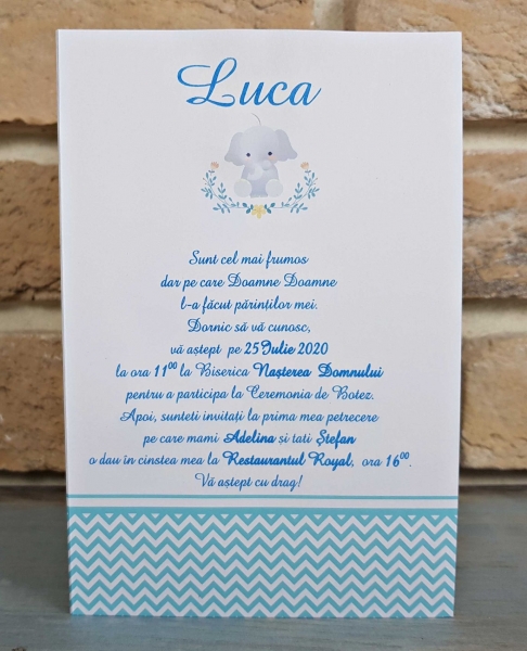 Invitatie de botez albastra cu elefant si elice - cod 8027 [2]