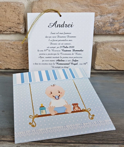 Invitatie de botez amuzanta albastra cu bebe - cod 8029 [1]
