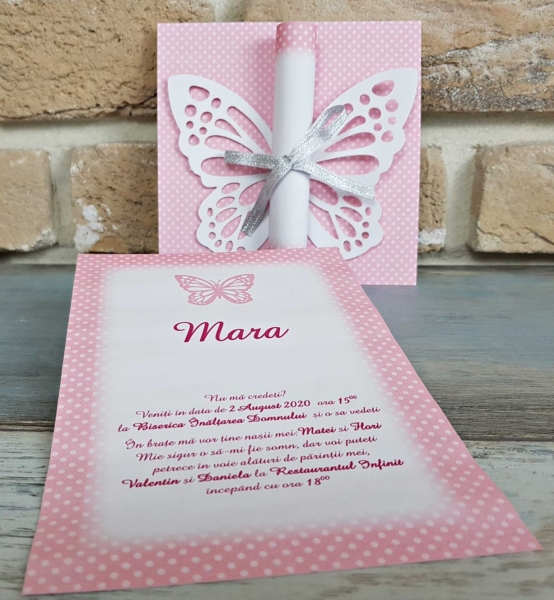 Invitatie de botez eleganta roz fluture cu funda - cod 8031 [3]
