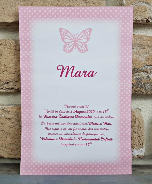 Invitatie de botez eleganta roz fluture cu funda - cod 8031 [4]