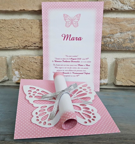 Invitatie de botez eleganta roz fluture cu funda - cod 8031 [2]