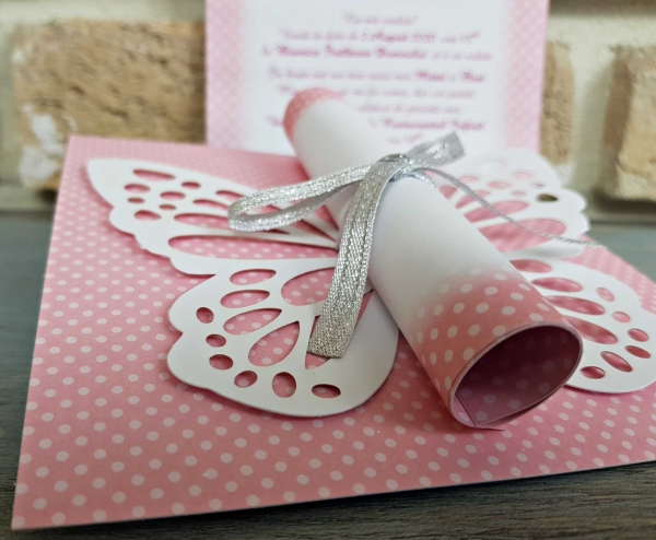 Invitatie de botez eleganta roz fluture cu funda - cod 8031 [5]