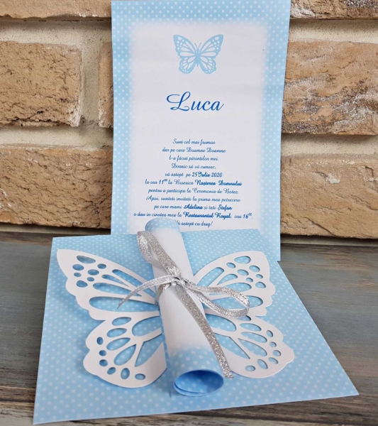 Invitatie de botez eleganta albastra fluture cu funda - cod 8032 [2]