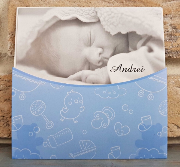 Invitatie de botez albastra cu modele si poza de bebe - cod 8033 [2]