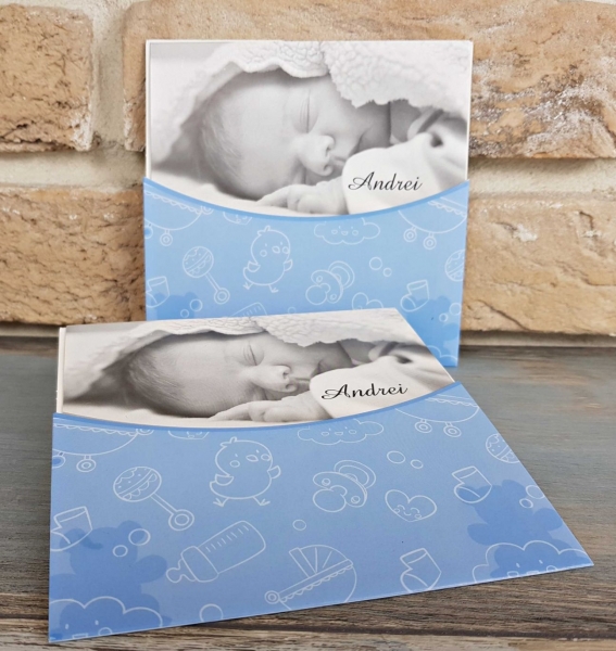 Invitatie de botez albastra cu modele si poza de bebe - cod 8033 [4]