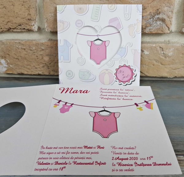 Invitatie de botez amuzanta roz cu body de bebe - cod 8036 [2]