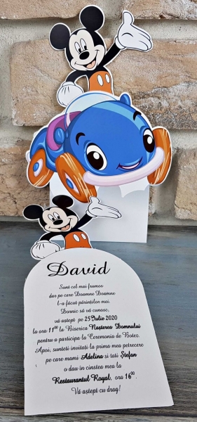 Invitatie de botez amuzanta cu mickey mouse si masina albastra - cod 8037 [4]