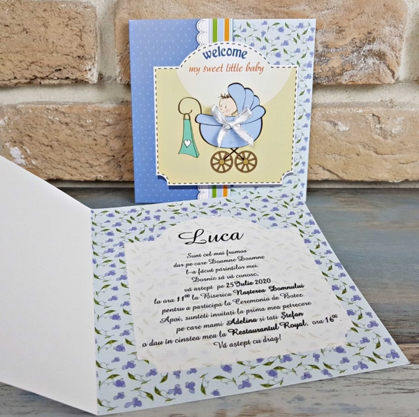 Invitatie de botez amuzanta cu bebe albastru cu galben - cod 8038 [3]