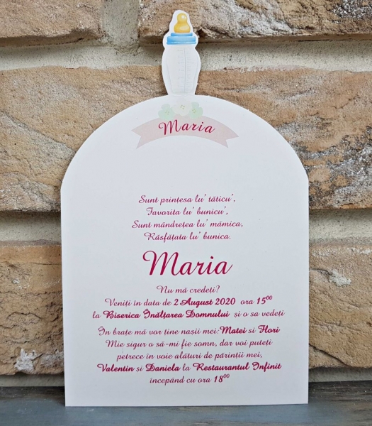 Invitatie de botez amuzanta bebe cu biberon roz - cod 8050 [2]