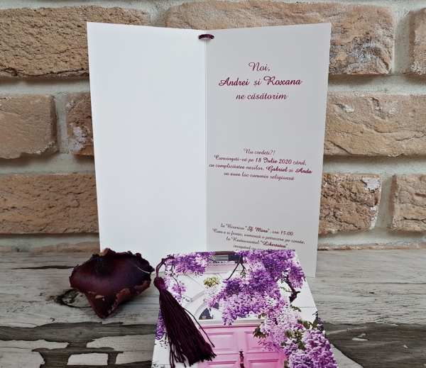 Invitatie de nunta delicata mov cu flori si ciucure - cod 2780 [3]