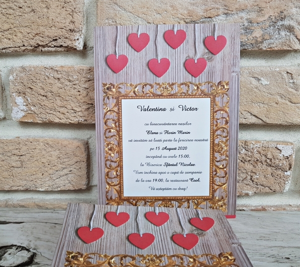 Invitatie de nunta cu inimioare si model de lemn - cod 2788 [2]